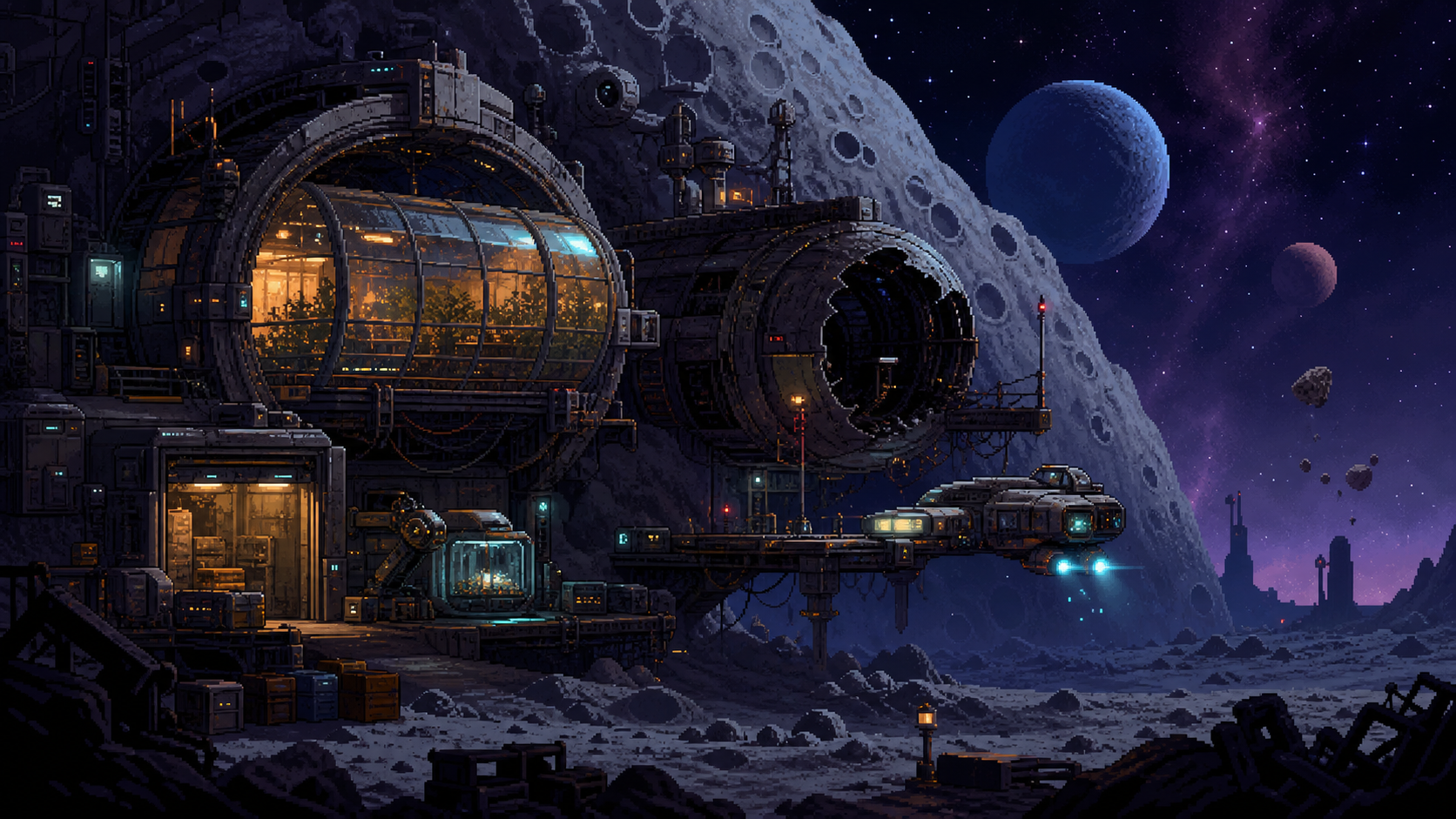 Ambrosia frontier station built into a cratered moon